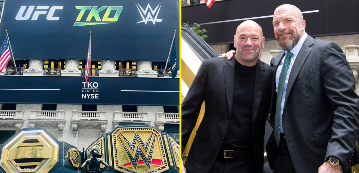 Dana White poses with Triple H to make £17billion UFC-WWE merger official and is no longer president