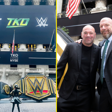 Dana White poses with Triple H to make £17billion UFC-WWE merger official and is no longer president