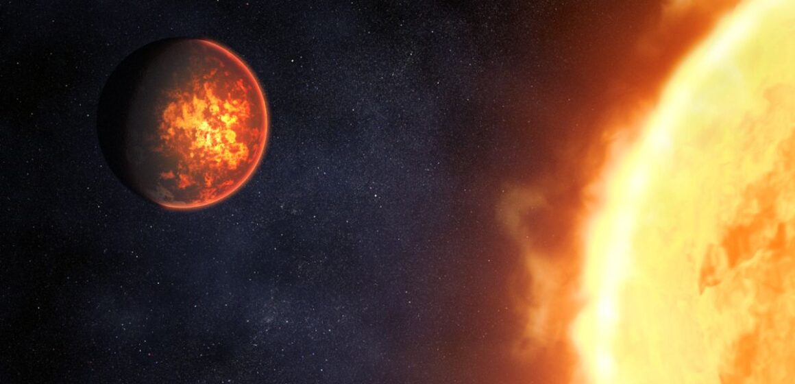 Color illustration of a rocky planet on the left and a portion of a much-larger star on the right. About three-quarters of the lit side of the planet is visible; the other quarter is in shadow. The surface of the planet has gray, orange, and yellow mottling. Most of the orange and yellow is in the region that is facing the star directly. The grayer portions are toward the poles and shadowed side of the planet. The edge of the disc of the planet appears to be glowing, suggesting a thin atmosphere. The star is bright orange-yellow, with a turbulent appearance similar to the Sun.